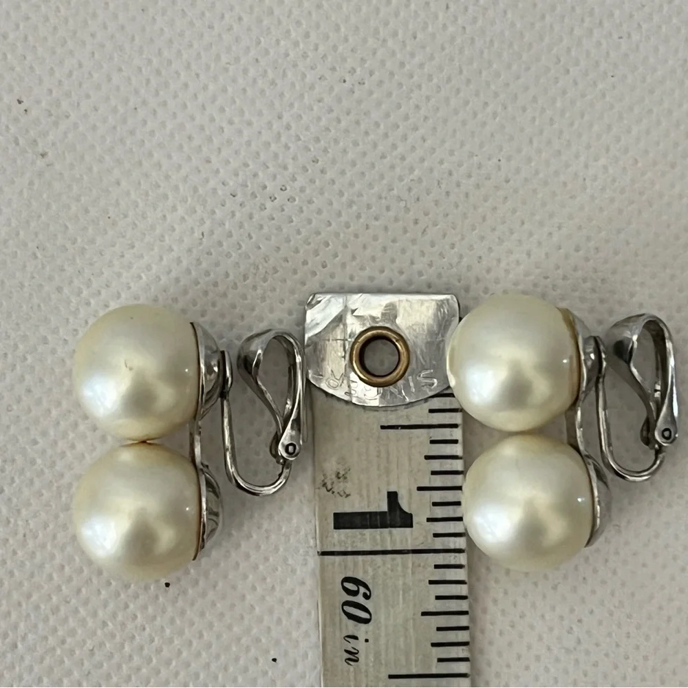 Vintage Judy Lee Large Double Pearl Silver Clip On Earrings